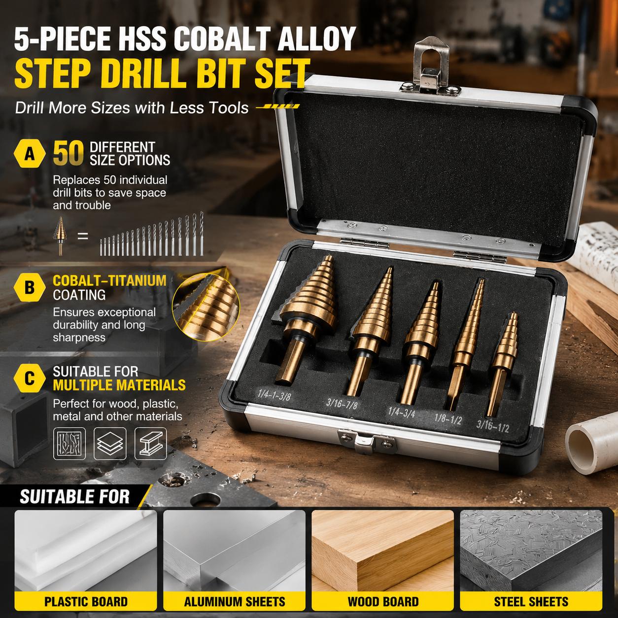 5Pcs Step Drill Bit Set HSS Co - Step Drill Bit Set Titanium Hss Cobalt ulasan dan harga